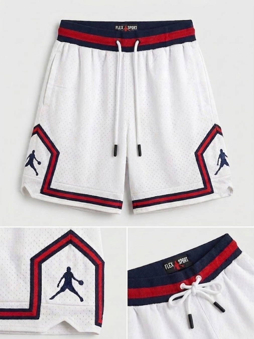 Detalle frontal de las bermudas blancas con logotipo bordado y cordón de ajuste en la cintura.