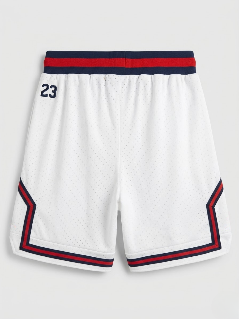 Parte posterior del pantalón corto blanco con ribetes deportivos en azul y rojo y dorsal 23.