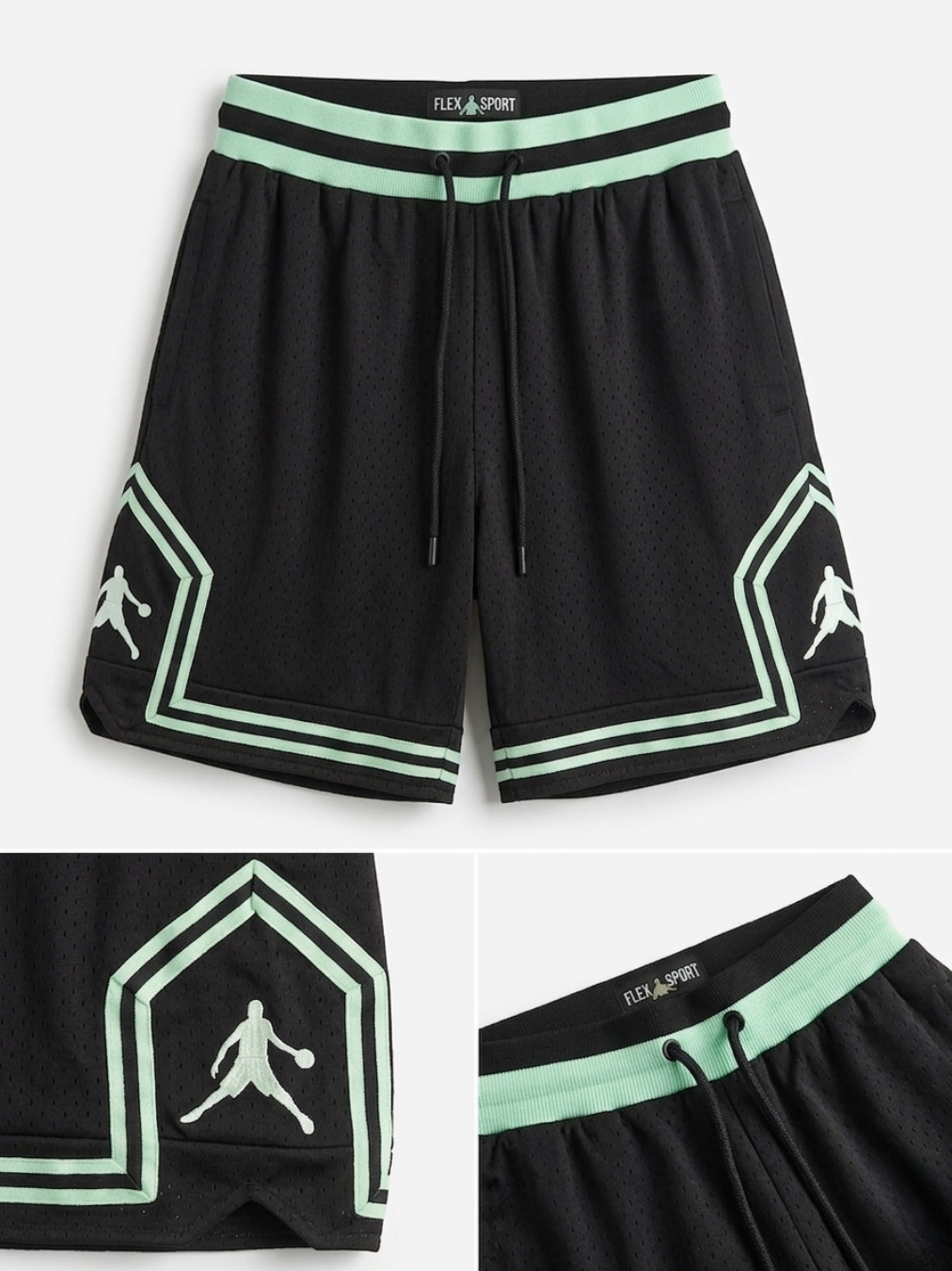 Pantalón corto negro de rejilla con dos bolsillos laterales y detalles de líneas verde neón.