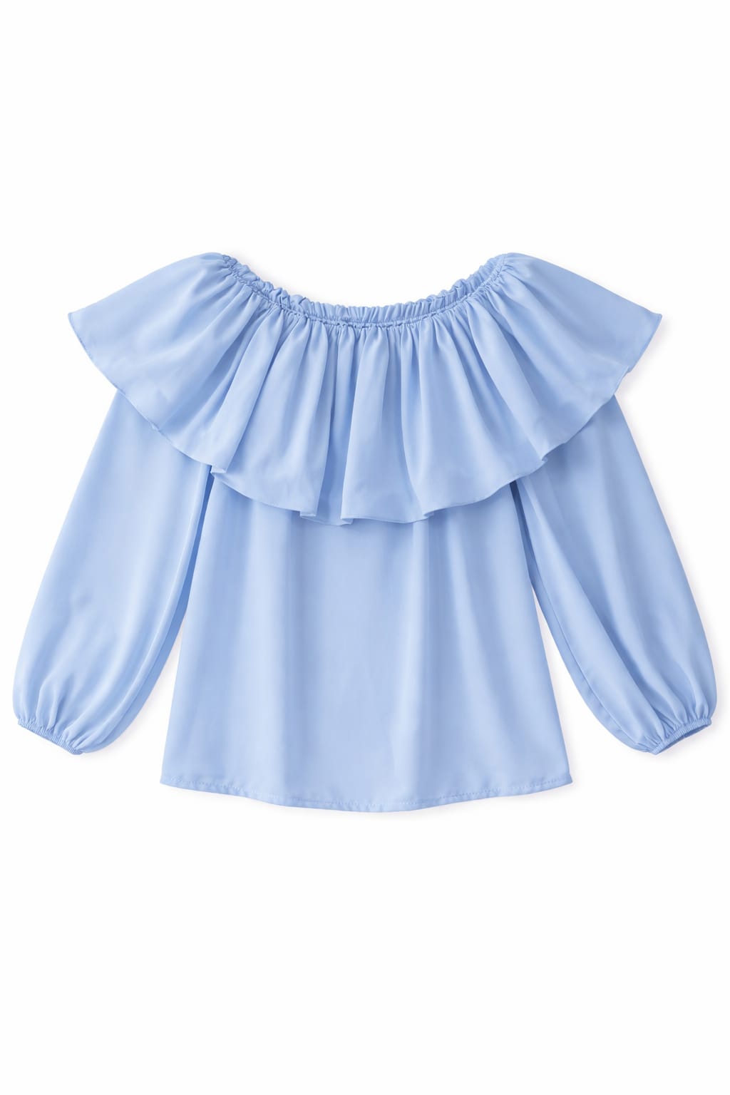 Vista de producto en primer plano de la blusa de hombros descubiertos con escote elástico, gran volante superior y puños fruncidos en color azul celeste.