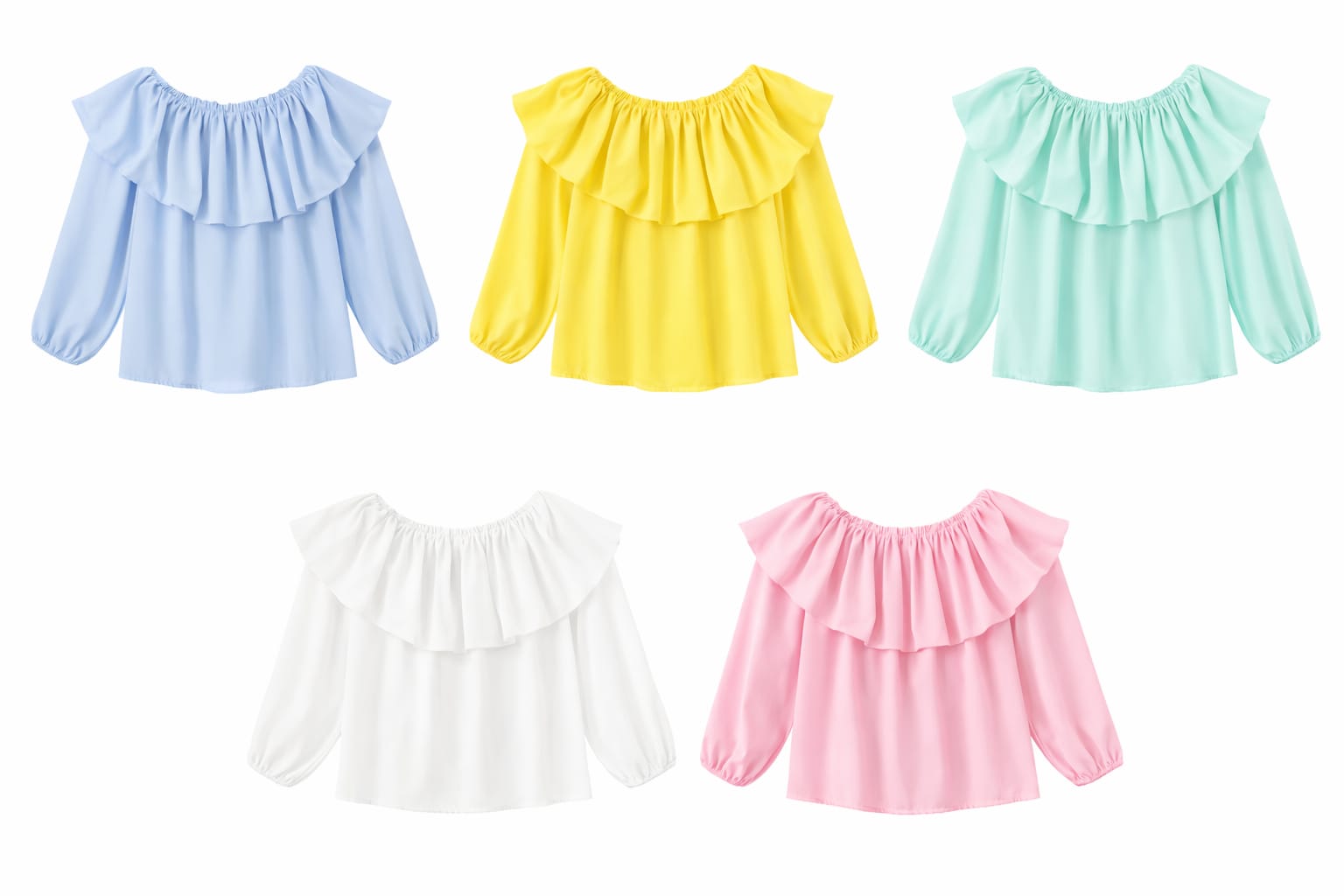 Muestra de las cinco variantes de color de la blusa de hombros descubiertos con gran volante fruncido y manga larga en tonos azul celeste, amarillo, verde menta, blanco y rosa pastel.