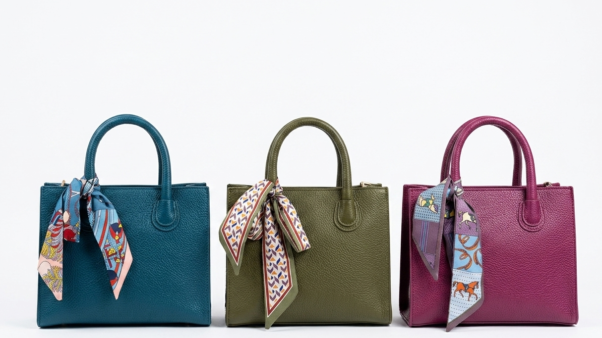 Colección de bolsos estructurales en sus tres variantes: azul petróleo, verde oliva y vino borgoña, mostrando sus pañuelos satinados coordinados.
