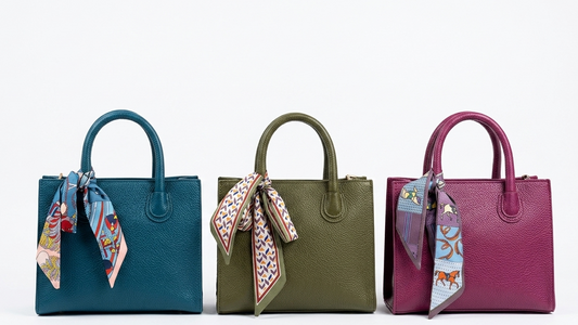 Colección de bolsos estructurales en sus tres variantes: azul petróleo, verde oliva y vino borgoña, mostrando sus pañuelos satinados coordinados.