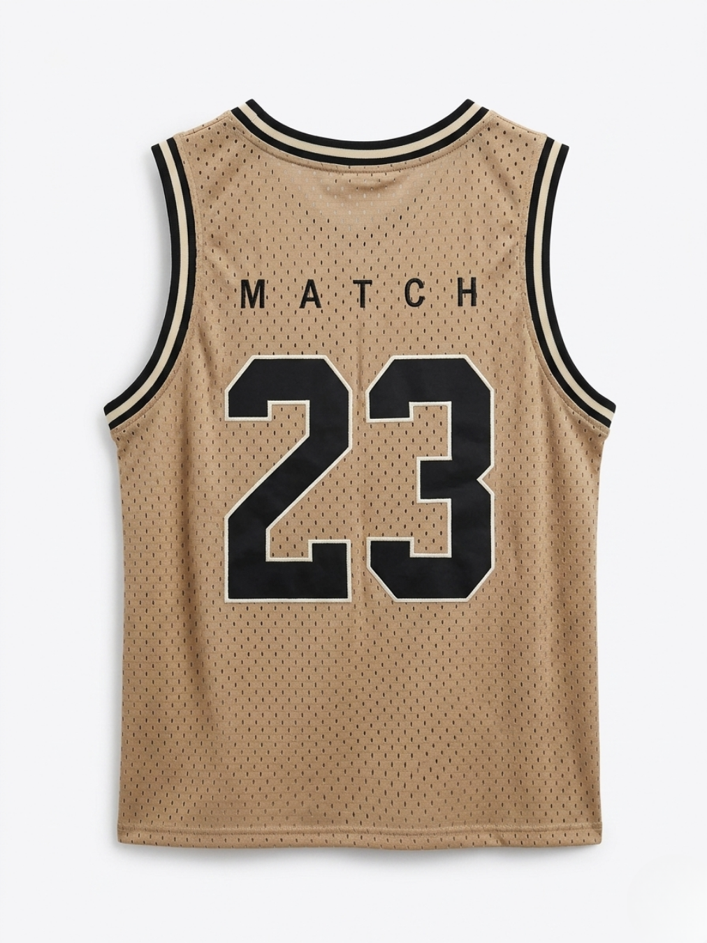 Vista posterior de la camiseta de baloncesto camel arena con texto MATCH y número 23 en negro.