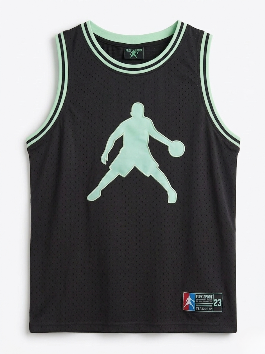 Camiseta de tirantes negra de rejilla con logotipo de jugador y ribetes en contraste verde neón.