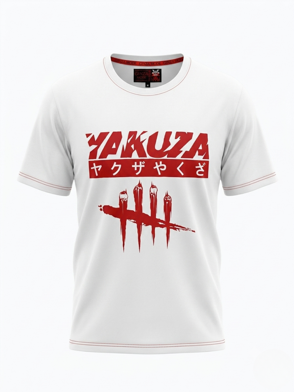 Vista frontal de la camiseta de manga corta blanca para hombre con estampado gráfico Yakuza y letras japonesas en rojo de Ángel Salvaje.