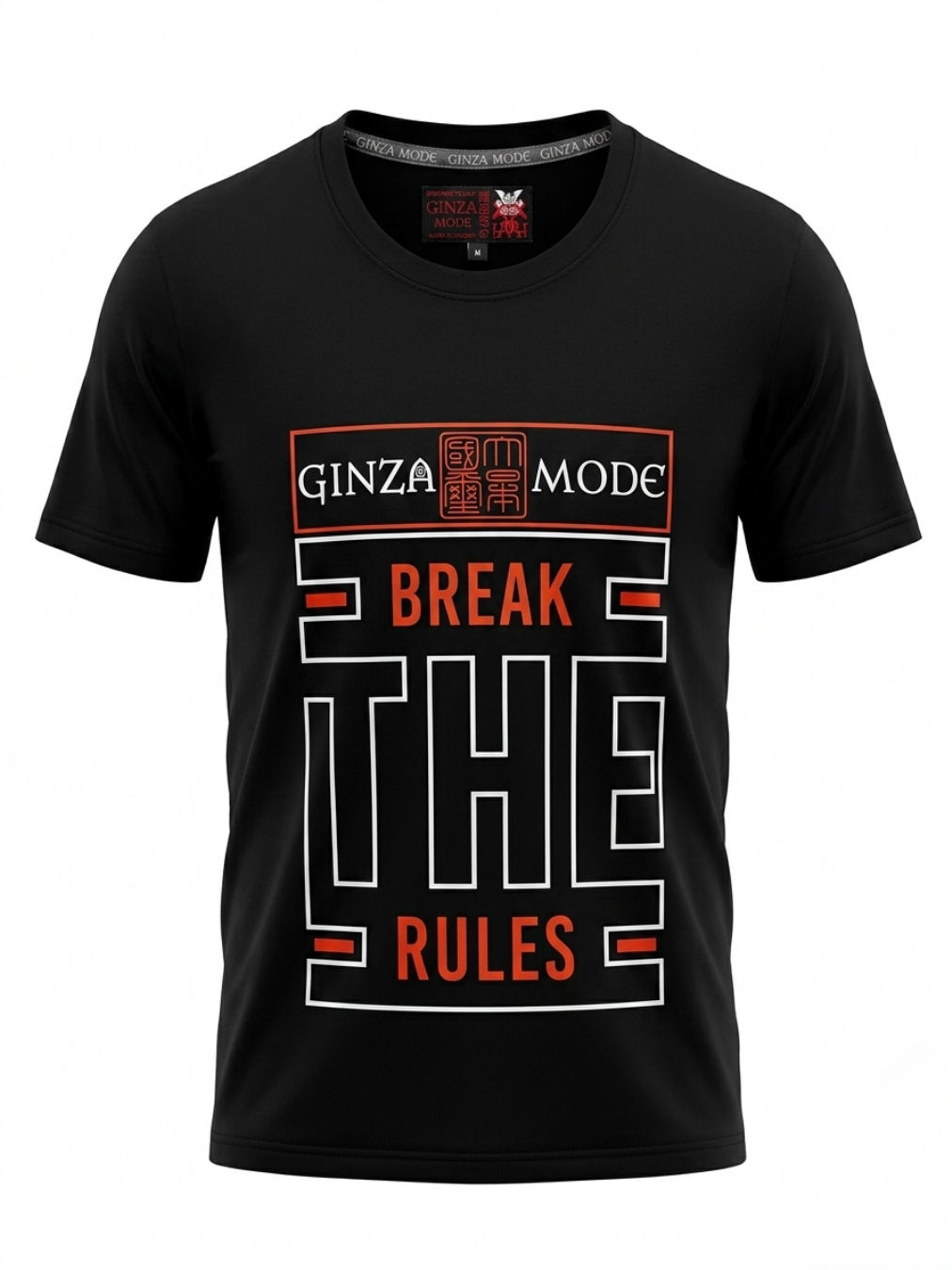 Vista frontal de la camiseta de manga corta negra para hombre con gráfico tipográfico Break The Rules y sello Ginza Mode en naranja y blanco de Ángel Salvaje.