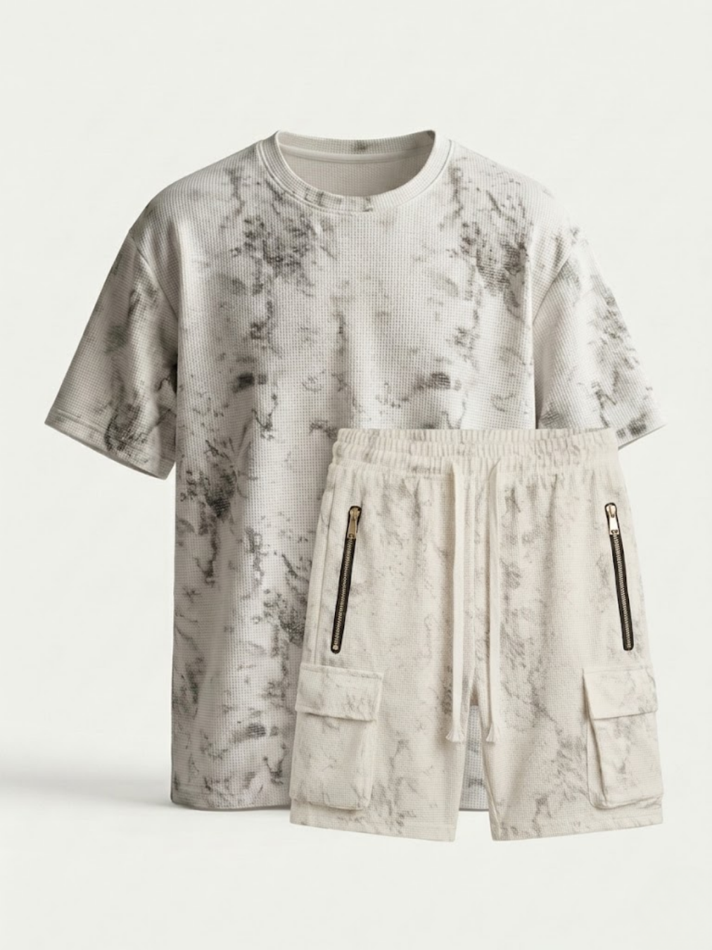 Vista frontal de exposición del conjunto de camiseta y bermuda con bolsillos cargo en color blanco marmoleado con efecto texturizado.