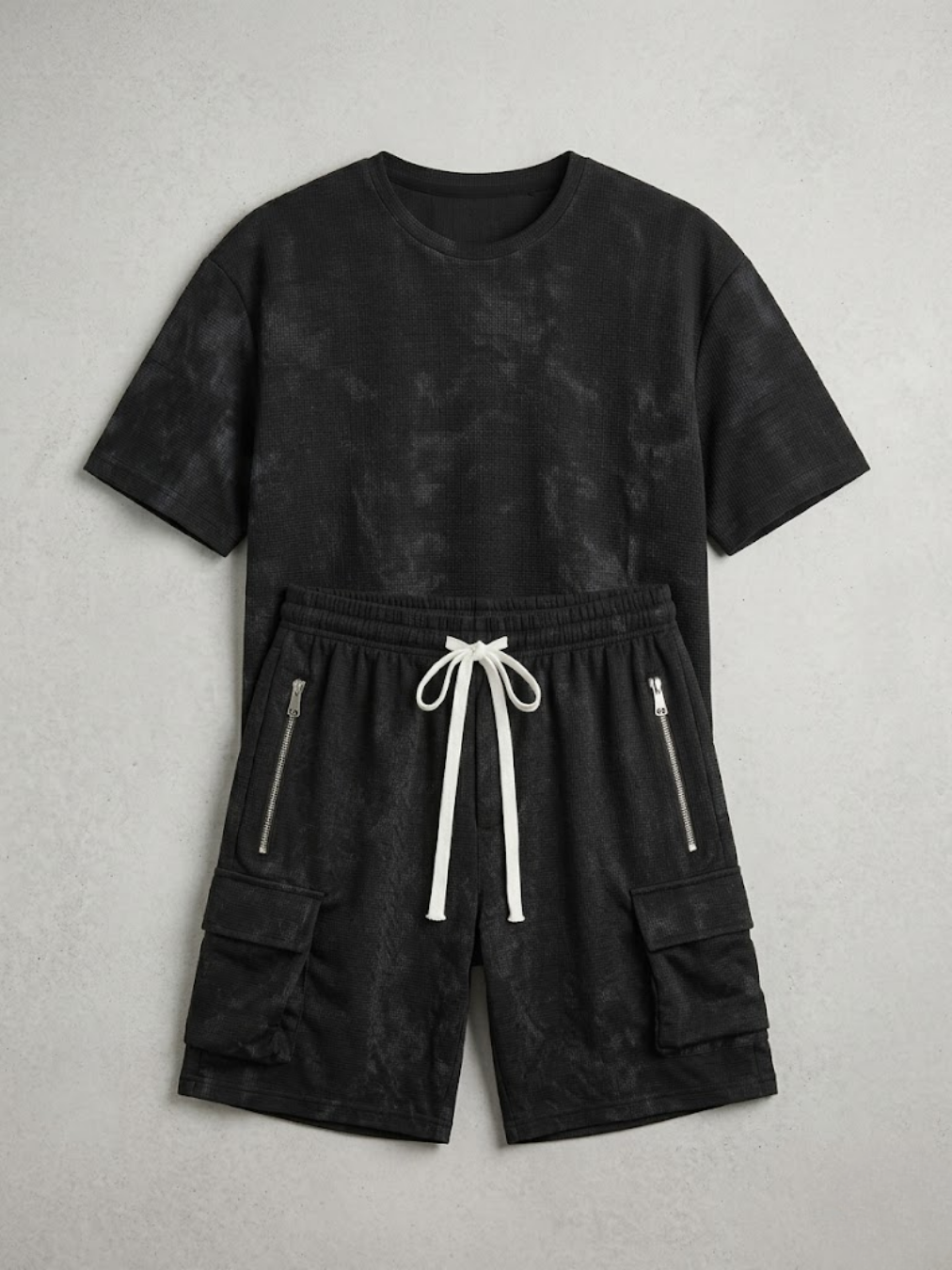 Vista frontal del conjunto de dos piezas de camiseta de manga corta y pantalón corto cargo en color negro con efecto lavado ácido de Ángel Salvaje.