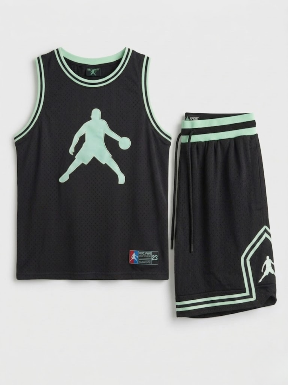 Conjunto deportivo negro con detalles en verde neón de rejilla transpirable.