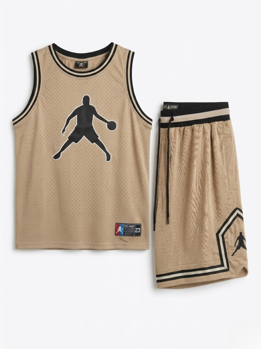 Conjunto de camiseta y pantalón corto de baloncesto color beige camel con detalles negros.