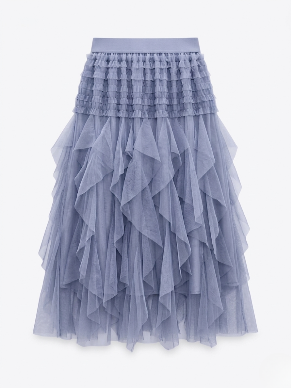 Falda midi de tul con volantes en cascada color lavanda ceniza de Angel Salvaje.