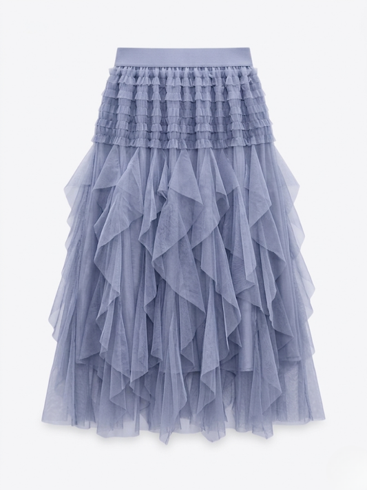 Falda midi de tul con volantes en cascada color lavanda ceniza de Angel Salvaje.