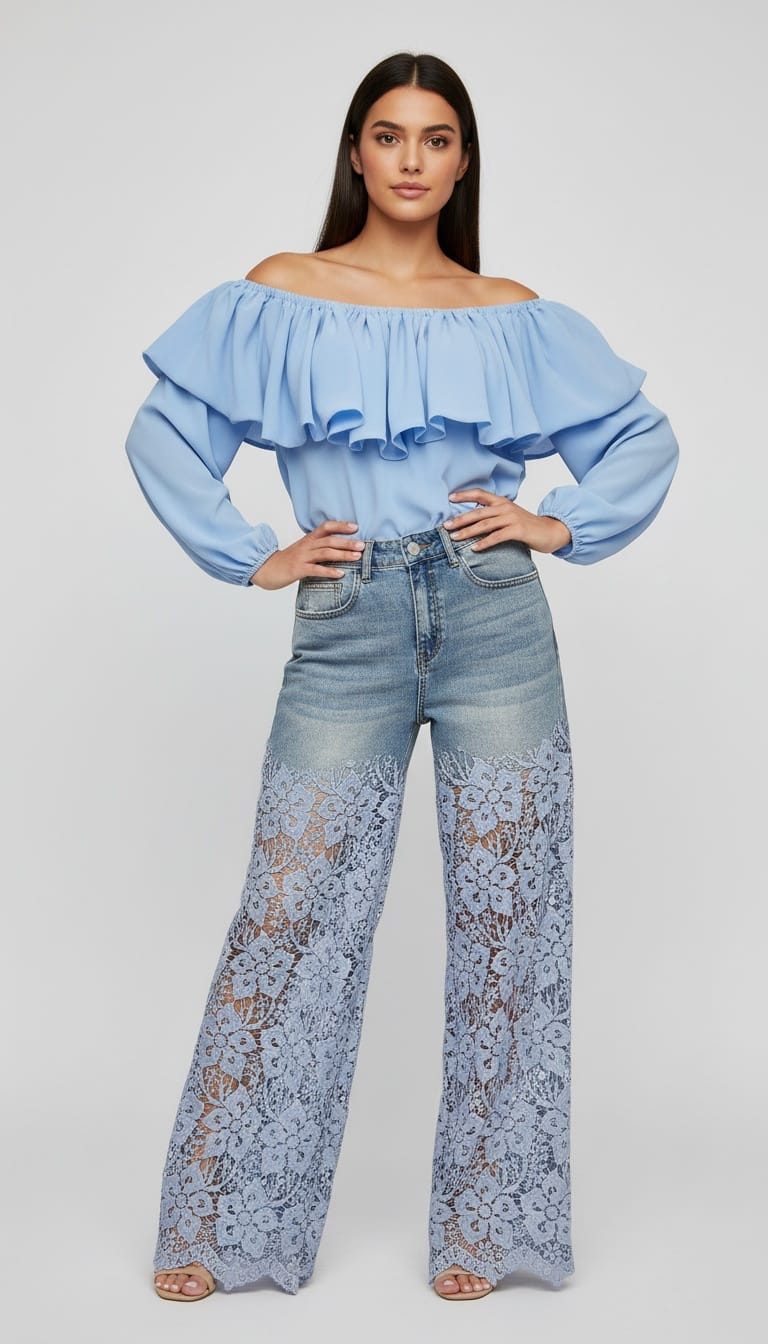 Modelo posando de frente con un conjunto de temporada compuesto por blusa de hombros caídos en color azul celeste y pantalones vaqueros con parte inferior de pernera ancha en encaje floral lila.