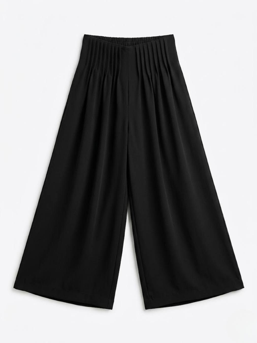 Pantalón elegante negro de pierna ancha con diseño plisado de alta costura en la cintura alta.