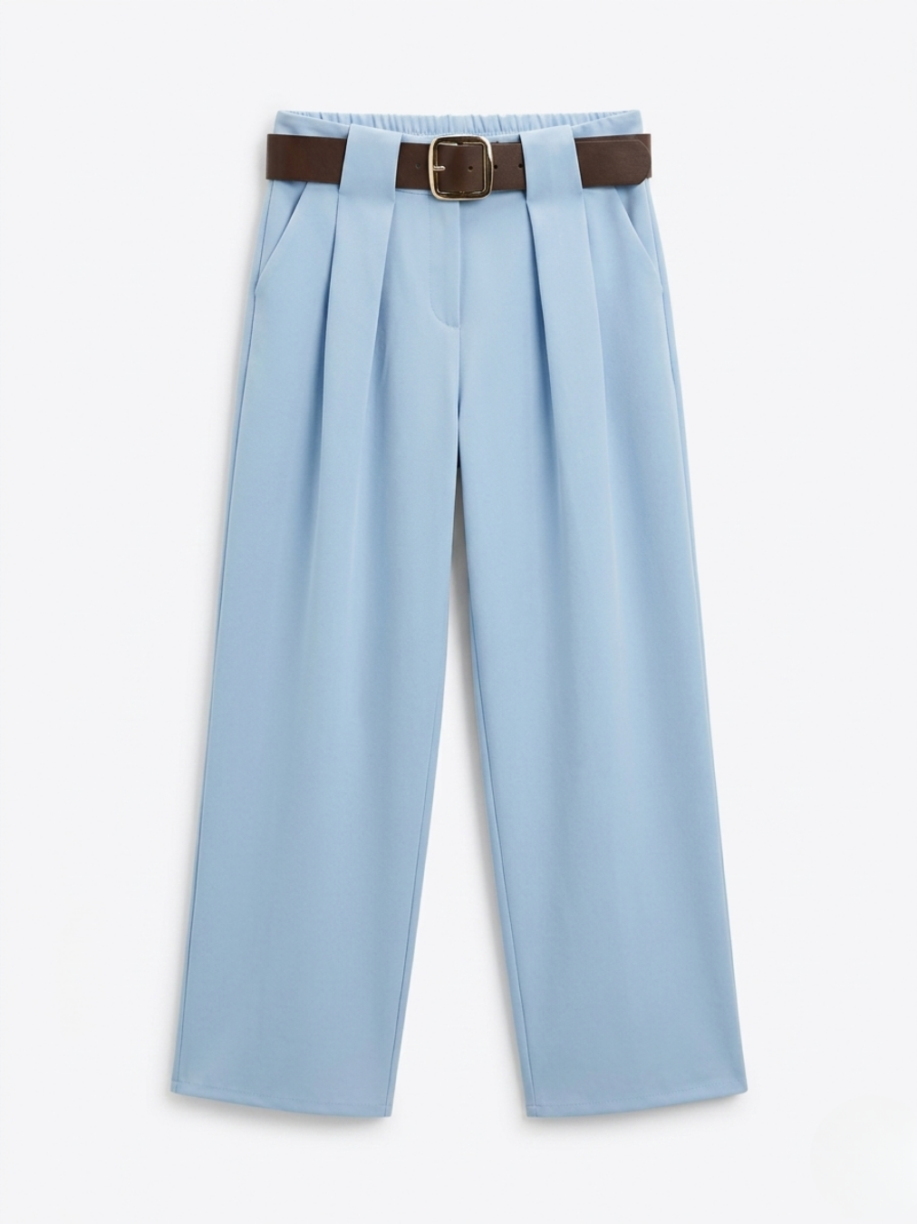 Pantalón de vestir azul pastel claro de corte palazzo con bolsillos oblicuos funcionales delanteros.