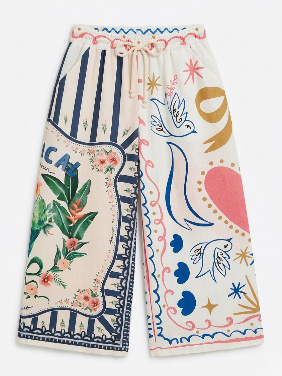 Pantalón de lino con cintura elástica, cordón y bolsillos delanteros en plano.