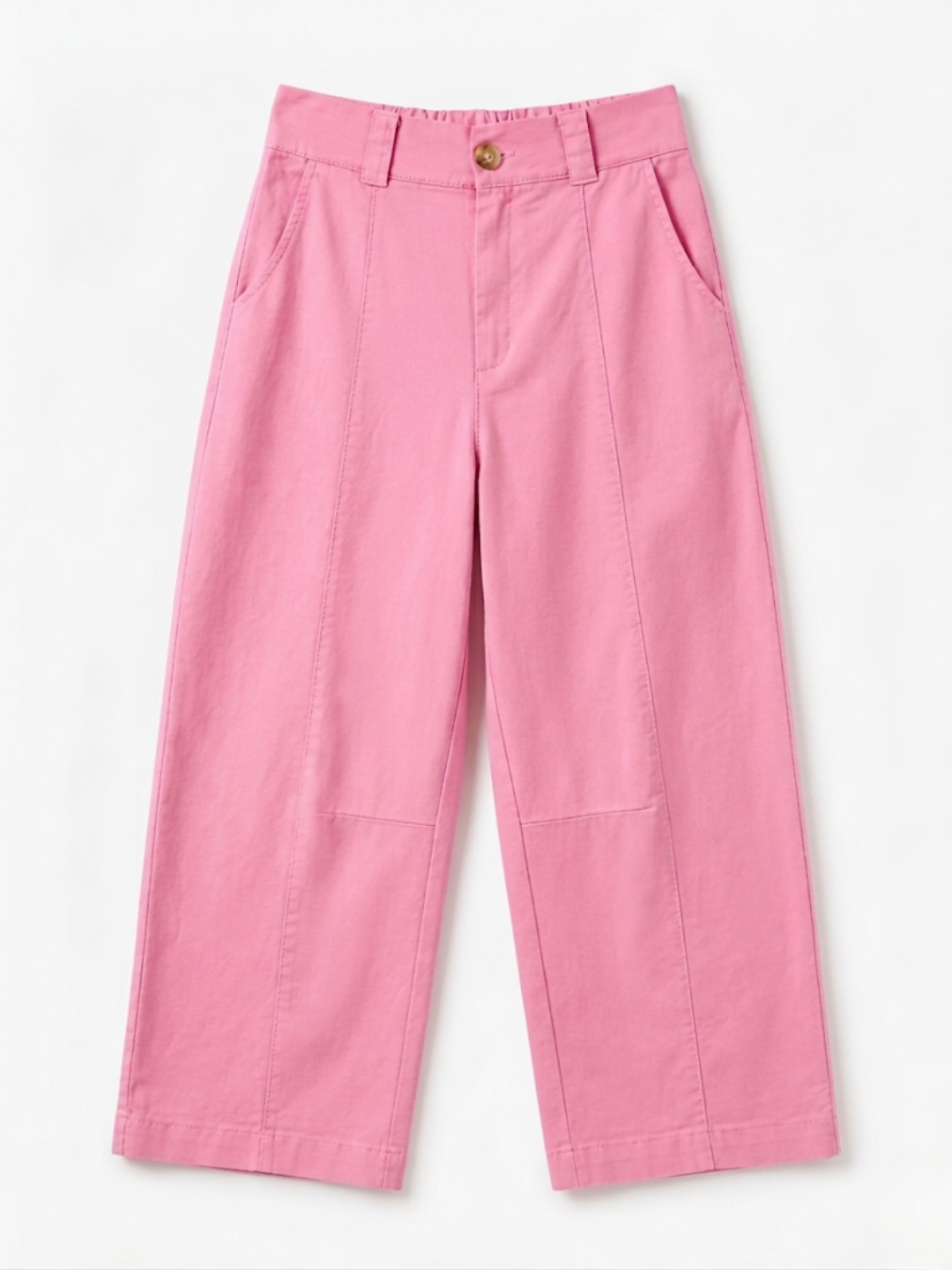 Vista delantera de pantalón ancho de algodón color rosa chicle con costuras de paneles verticales y bolsillos funcionales de Angel Salvaje.