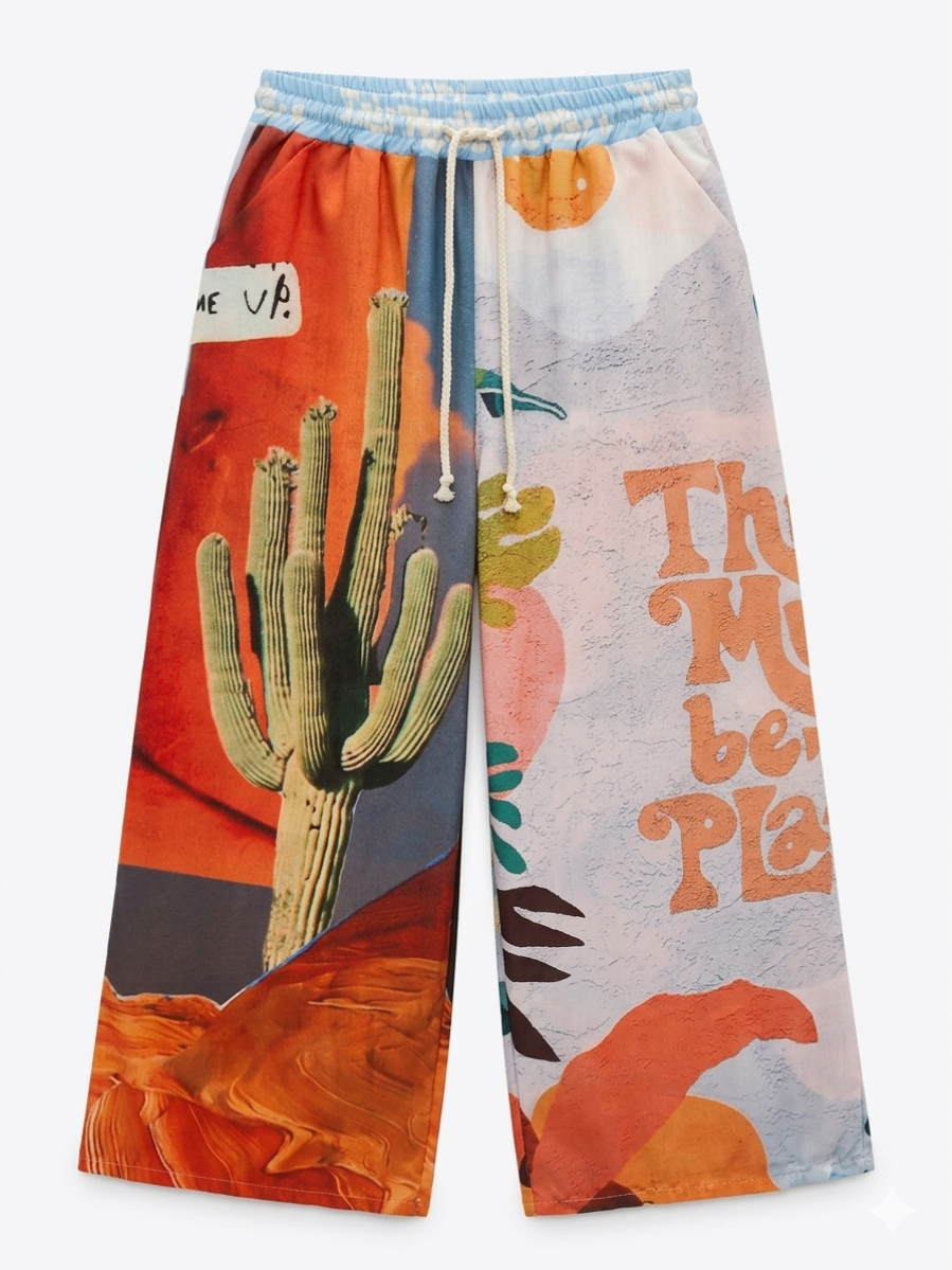 Frontal del pantalón fluido con estampado asimétrico de cactus y tonos cálidos del desierto.