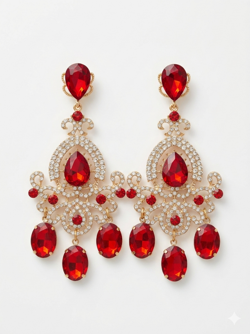Pendientes de fiesta largos con cristales rojos y montura dorada para eventos de Angel Salvaje.