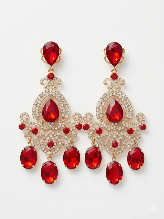 Pendientes de fiesta largos con cristales rojos y montura dorada para eventos de Angel Salvaje.