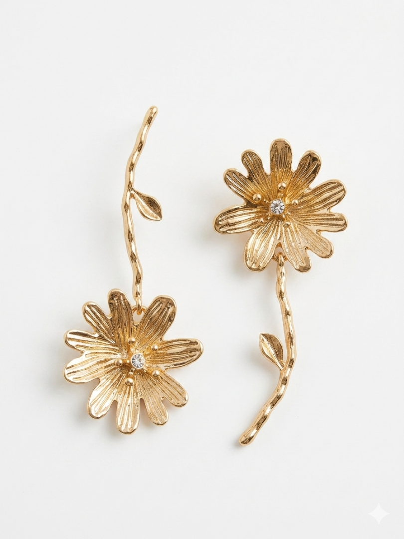 Pendientes dorados en forma de flor con tallo largo para llevar de forma asimétrica de la tienda Angel Salvaje.