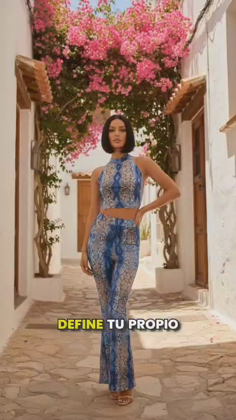 Video del conjunto animal print de serpiente azul en movimiento mostrando el corte flare.