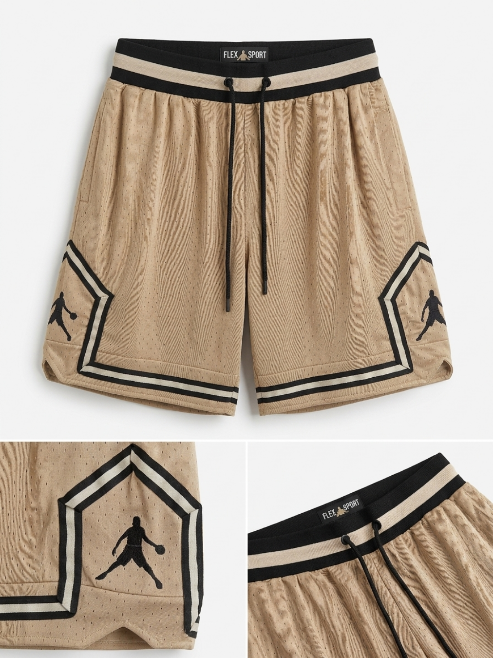 Shorts de baloncesto de rejilla color camel arena vista frontal con gráfico de silueta de jugador y bolsillos funcionales.