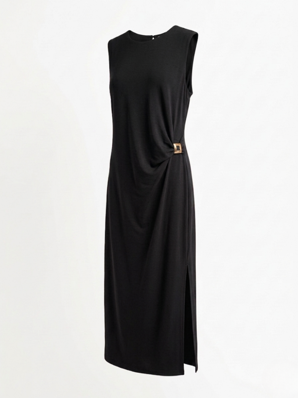 Vestido elegante negro de fiesta con detalle joya en cintura y corte midi.