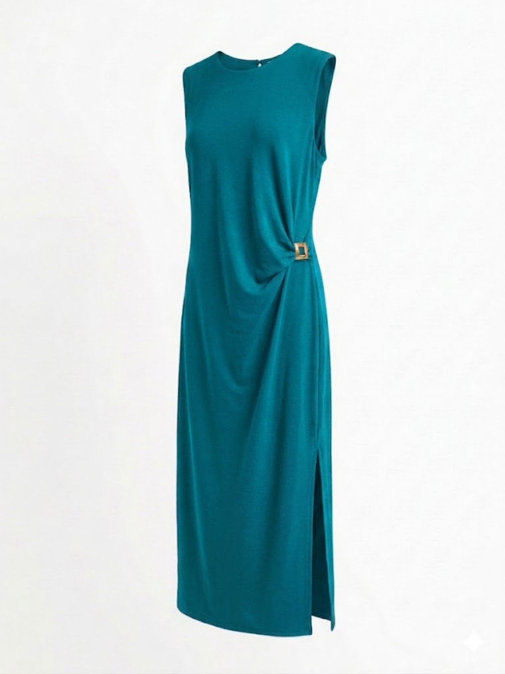 Vestido midi verde cerceta profundo con drapeado sofisticado en el lateral.