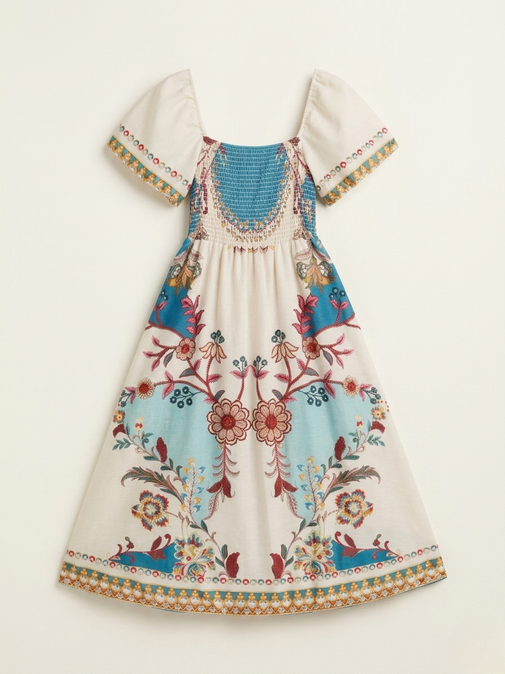 Vista frontal del vestido midi con cuerpo elástico y estampado floral mediterráneo en azul y ocre.