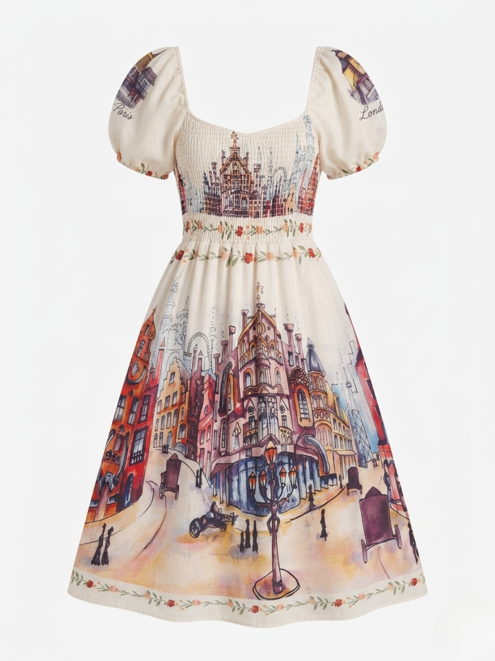 Vista trasera del vestido resaltando la continuidad del paisaje urbano y el ajuste elástico del cuerpo.