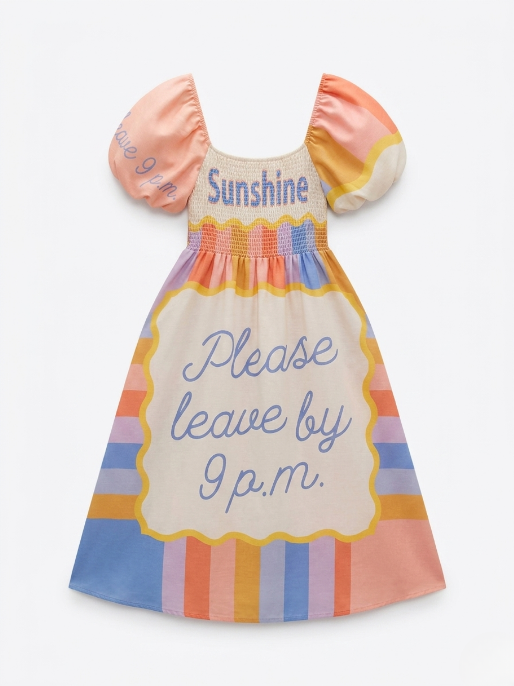 Parte delantera del vestido midi con rayas de colores y mensaje "Please leave by 9 p.m.