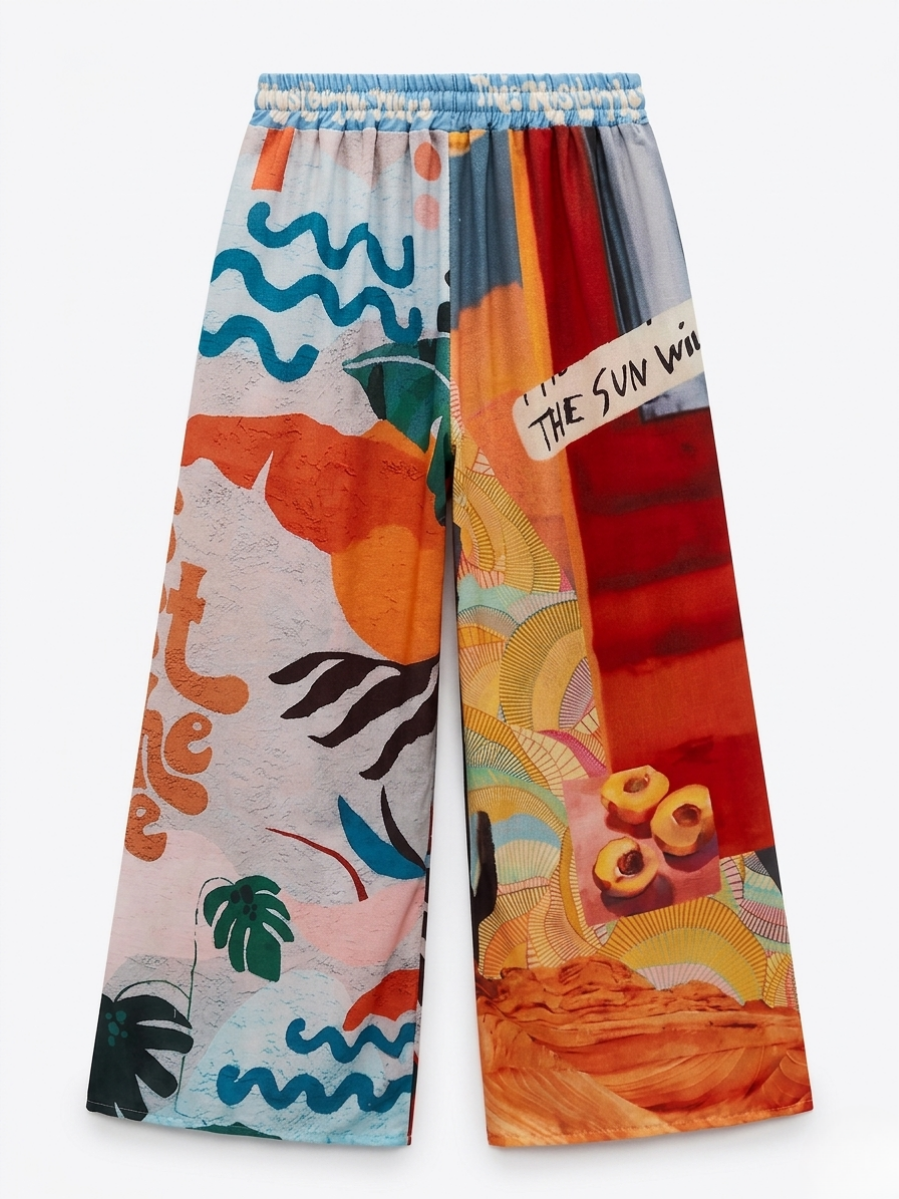 Vista posterior del pantalón de lino con diseño artístico y cintura elástica azul.